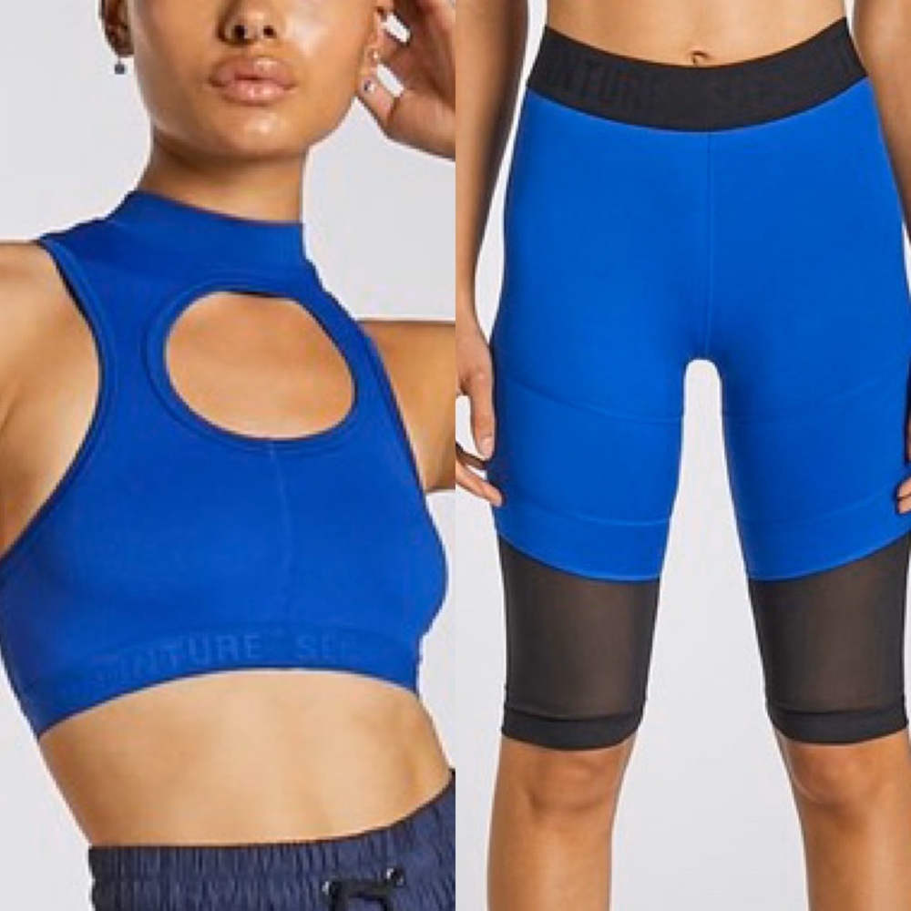 Matching cobalt blue and black workout/rave outfit